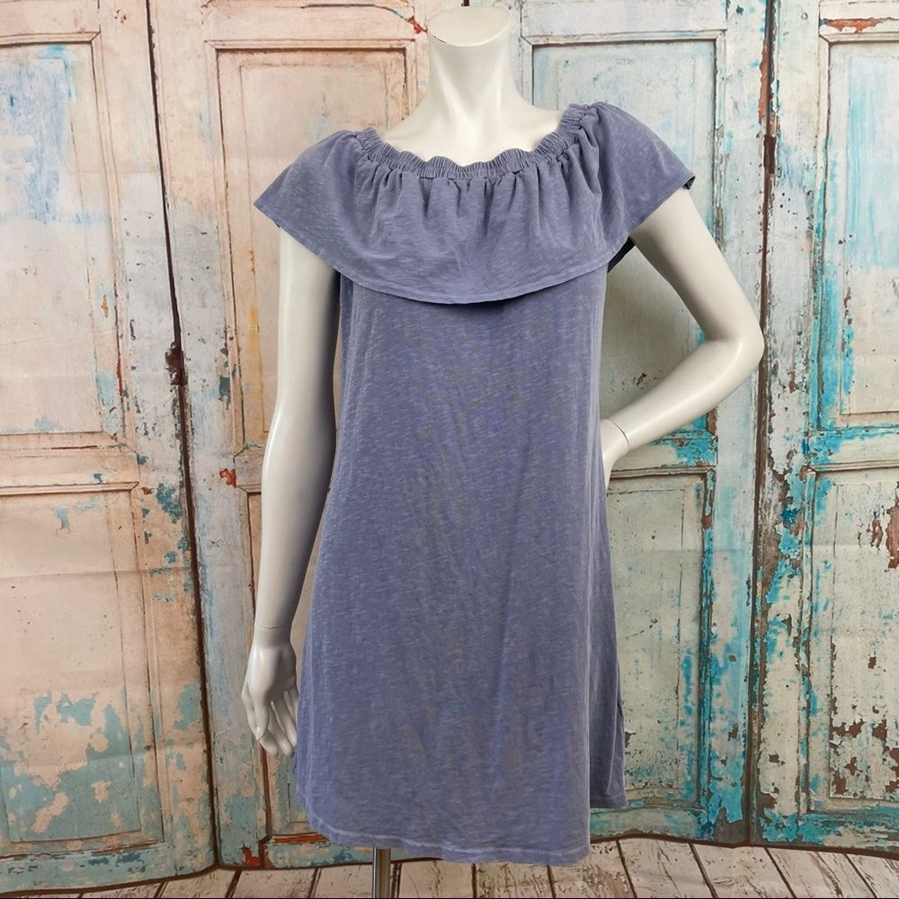 SUNDRY Off the Shoulder Ruffle Blue Cotton Dress